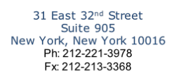 31 East 32nd Street
Suite 905
New York, New York 10016
Ph: 212-221-3978
Fx: 212-213-3368
craig@munzersaunders.com
